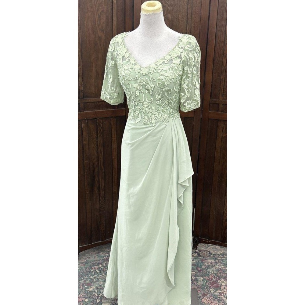 Azazie Womens Size A0 Light Green Lace Short Sleeve Formal Maxi Dress V-neck T50
